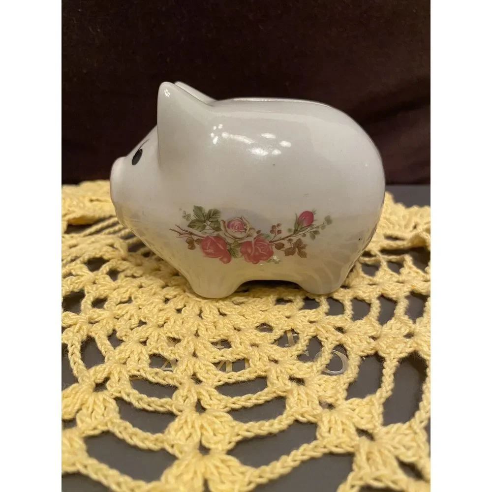 Cute VintageSassy Piggy Bank Pig Coin slot back classic White Ceramic W Florals.